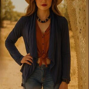 Caslon Navy Soft Cotton Blend Sweatshirt Draped Raw Hem Cardigan Size Large